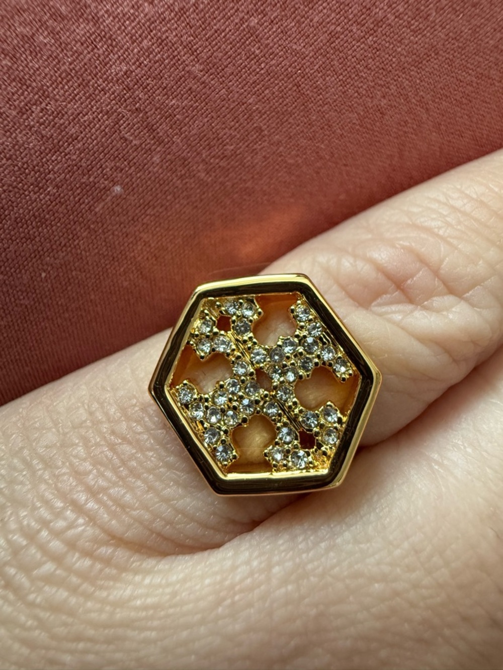 Tory Burch | Gold Hexagon Crystal Pave Accent Ring | Size 6